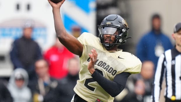 Colorado Buffaloes quarterback Shedeur Sanders (2) passes the ball during the first half of a spring game at Folsom Field